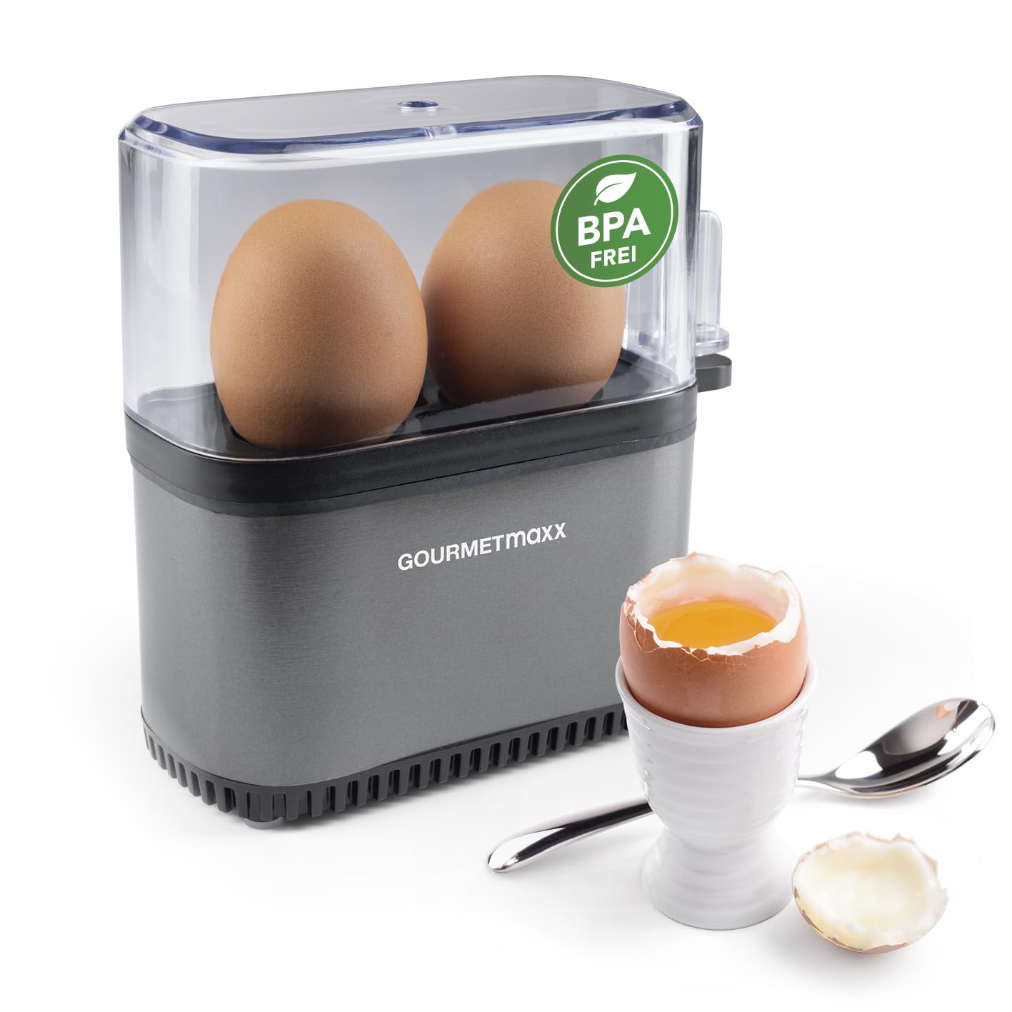 GOURMETmaxx Eierkocher für 2 Eier | Egg Boiler mit Eierstecher im Messbecher | Egg Cooker – 3 Härtegrade für deinen Eierbecher | Design Eierkocher klein – spülmaschinenfeste Teile