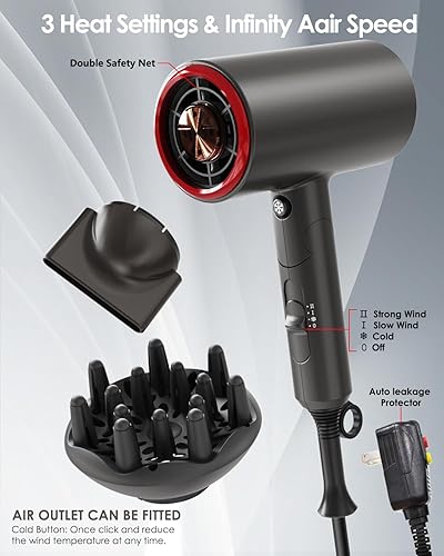 Miniatura 6 de Secador de pelo profesional de 1800 W, secador de pelo con difusor de iones de secado rápido, secador de pelo portátil con difusor y concentrador,