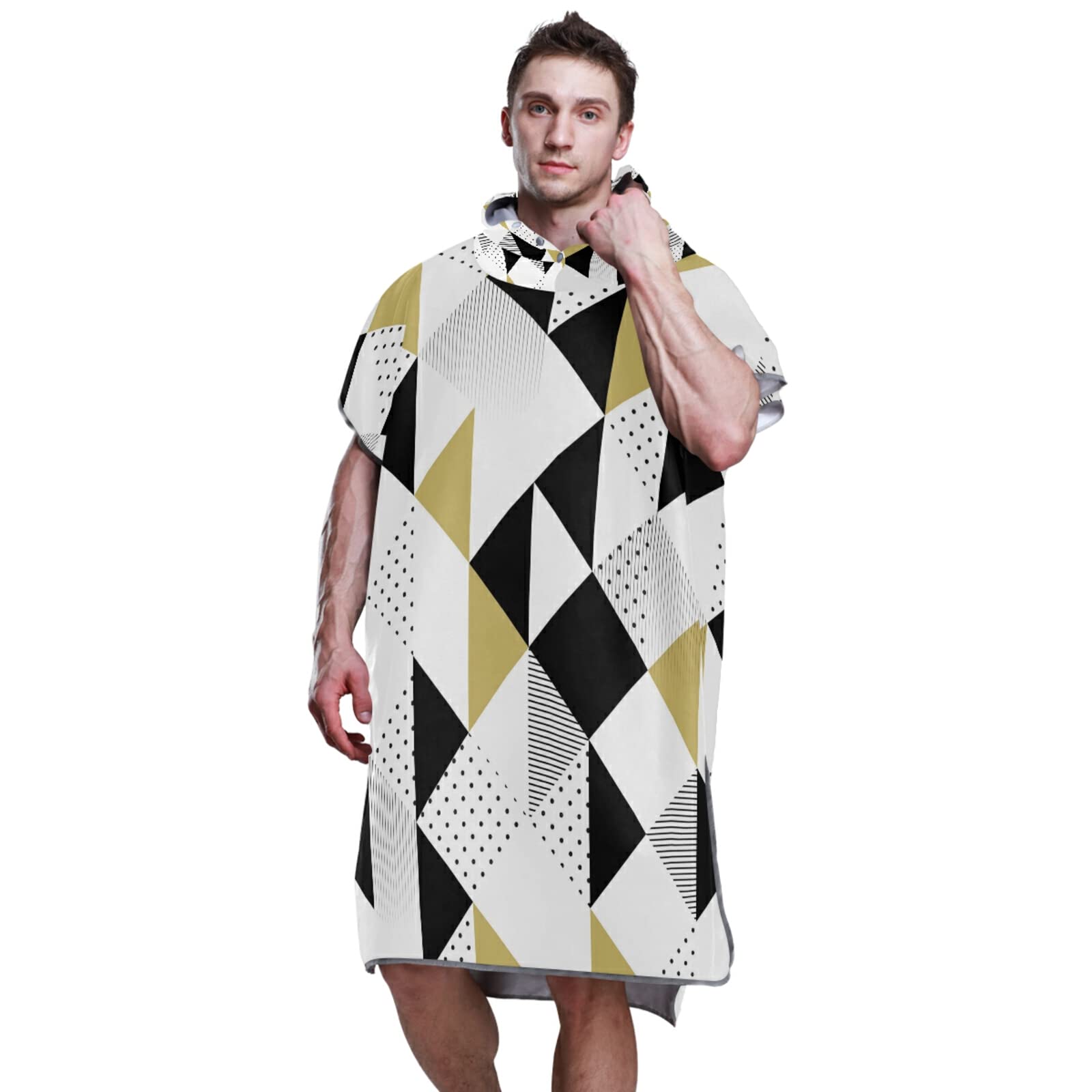 Badeponcho mit Kapuze und Tasche, schnelltrocknender Bademantel, Mikrofaser-Handtuch, Neoprenanzug für Bad, Strand, Outdoor, goldfarben / Schwarz / Weiß mit schwarzen Punkten, geometrisches Muster