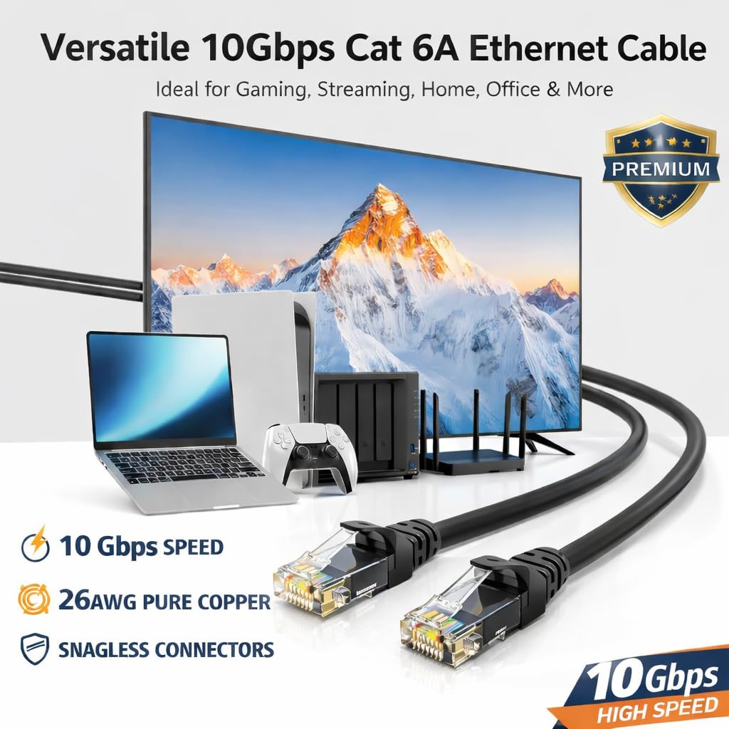 CABLIT Cat6A Ethernet Cable 100ft – 10Gbps 26AWG Bare Copper UTP, 550MHz High-Speed LAN Network Patch Cord, Snagless RJ45 Gold-Plated Connectors, Black