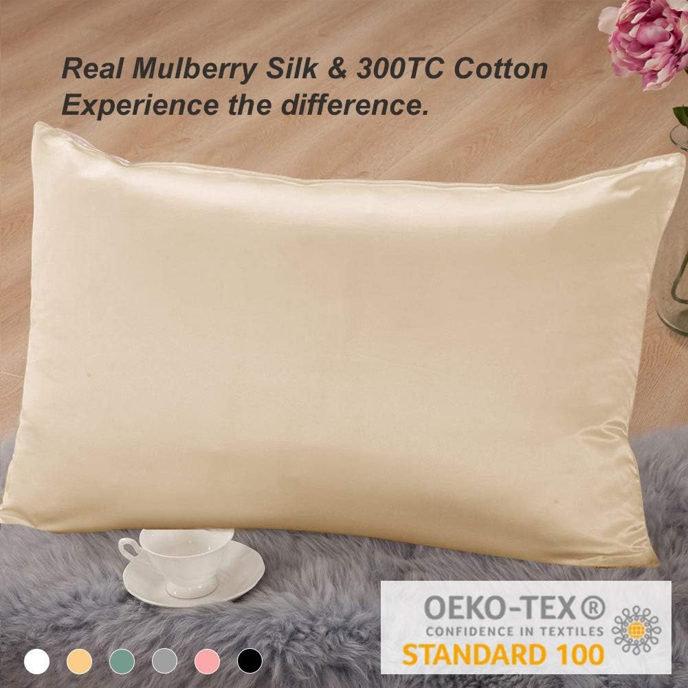 THXSILK 100% Mulberry Silk Pillowcase with Cotton Underside - Standard Size 20"x26", Champagne