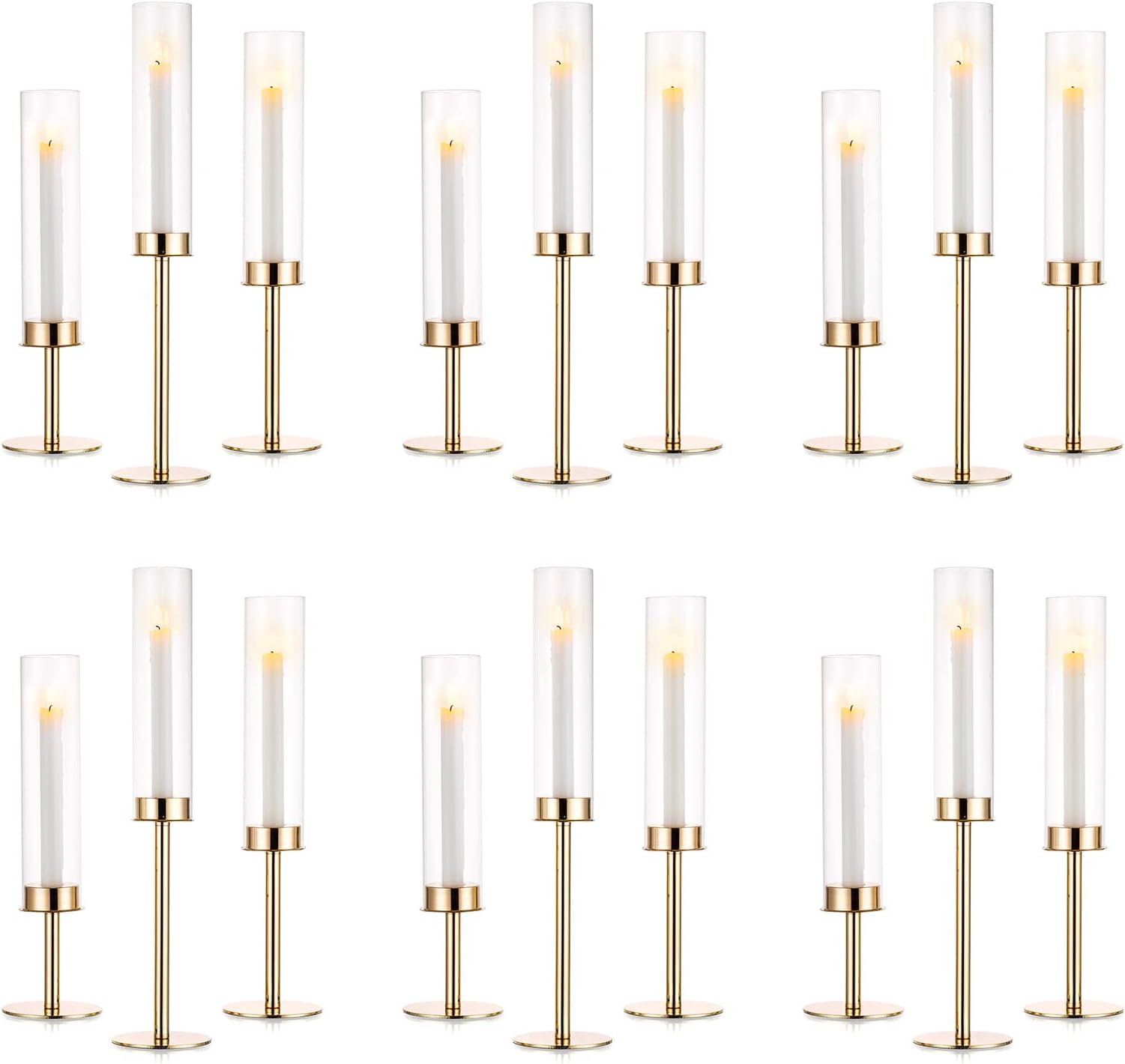 NUPTIO Candle Sticks Holder Hurricane - Gold Taper Candle Holder Glass Cylinder Candlestick Tall Wedding Table Centrepiece Party Decor Metal 18Pcs
