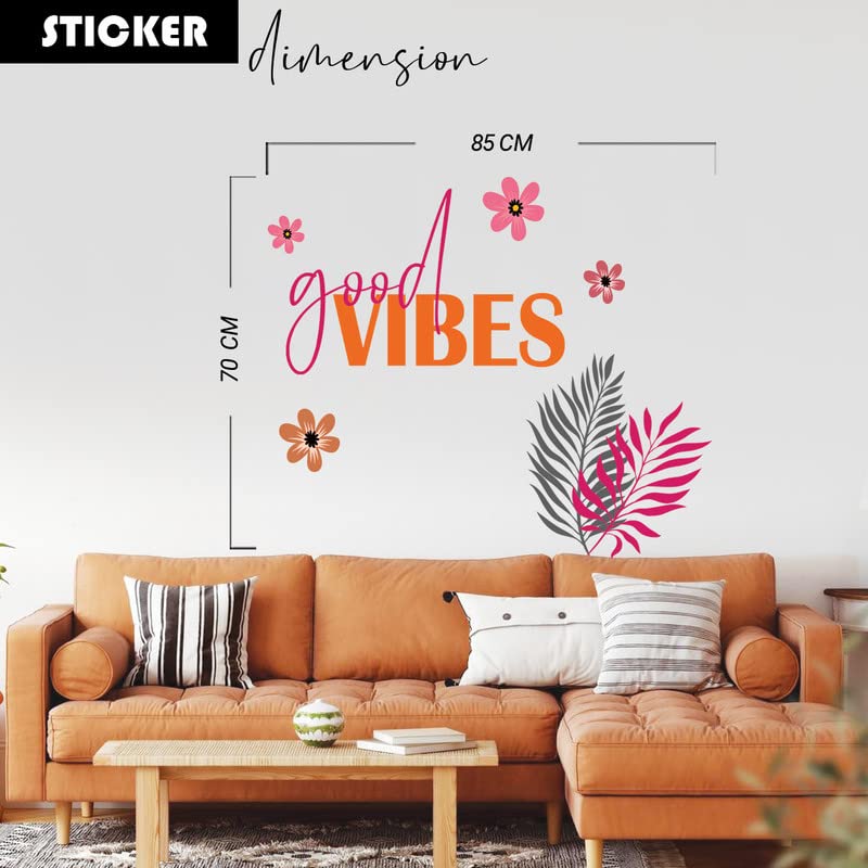 Image of Kotart - Pink and Orange Flowers and Leaf Printed Wall Stickers for Living Room Bedroom Kids Room - Good Vibes Vinyl Wall Decals for Studio and Home Decor