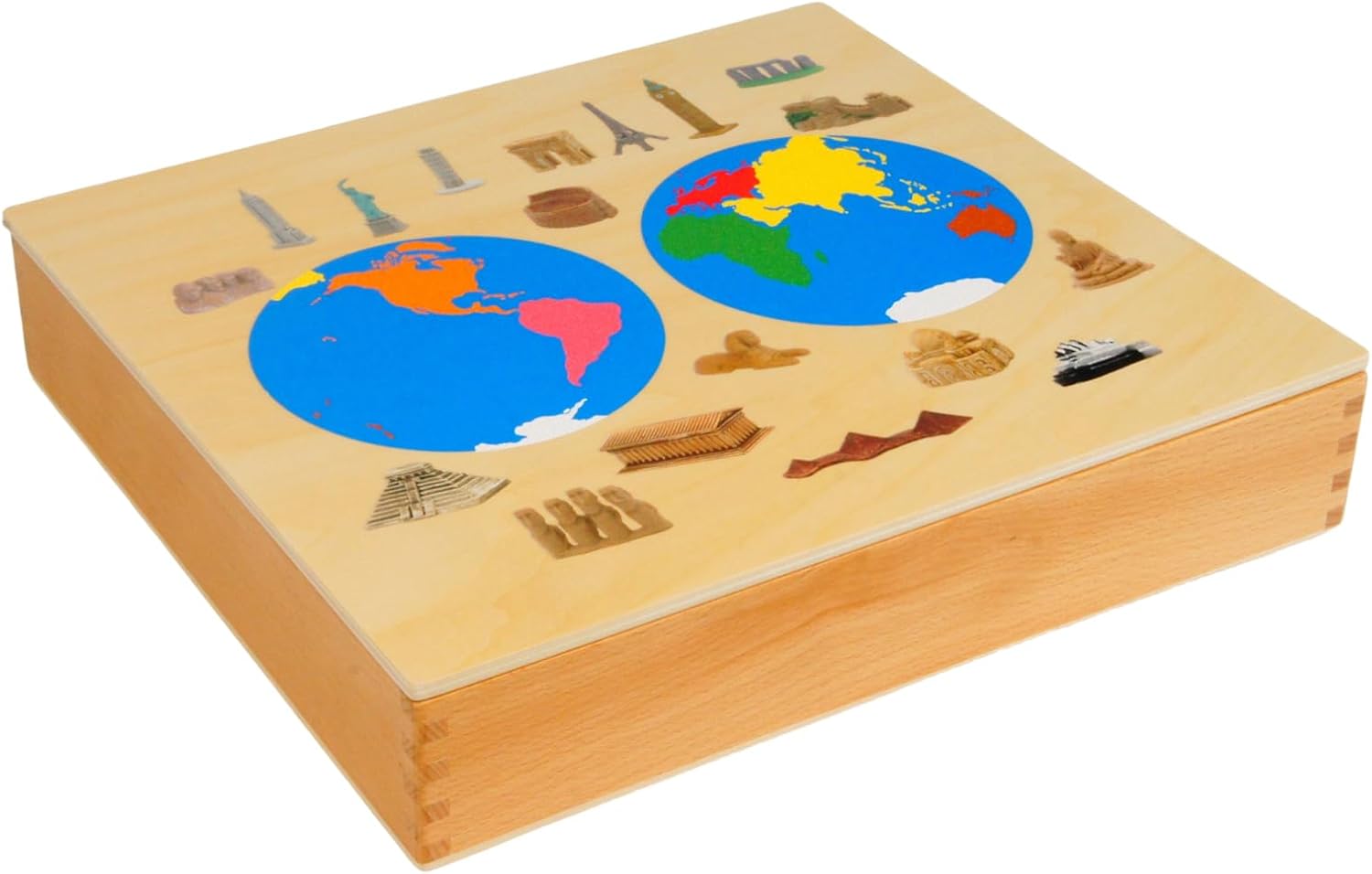 ancona World Landmarks and Continents Geography Learning Set, Spanish/English Bilingual, Montessori Preschool Memory Matching Game Box