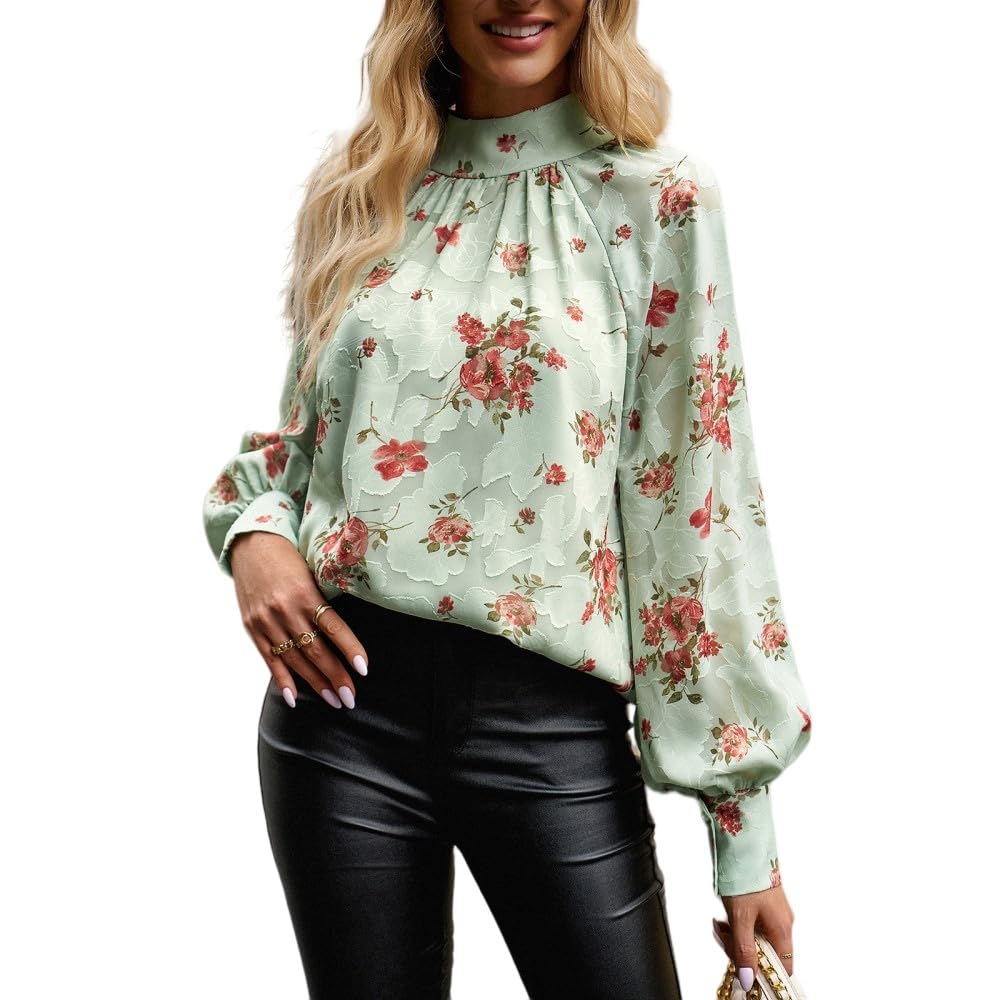 Hemd Damen,Damenbluse, Langärmelige Hemden, Vintage-Stil, Grün, Stehkragen, Krawatte, Blumendruck, Jacquard-Faltenpullover, Elegantes Freizeithemd, Modisches Charm-Top
