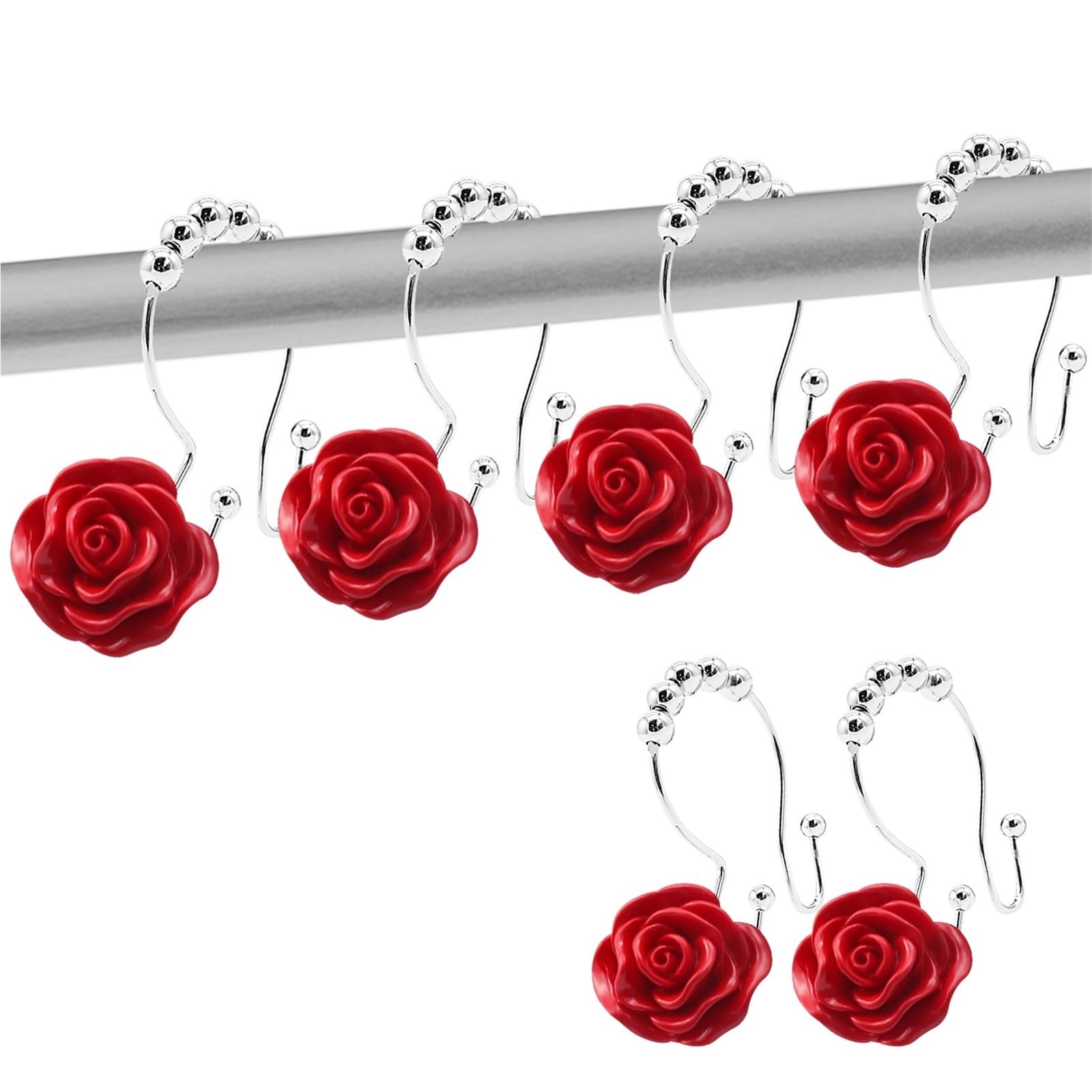 curtain hooks 12 Pcs Rose Double Glide Shower Curtain Hooks Rustproof Decorative Hook Ring With Resin Flower For Bathroom Rods for home(Red)