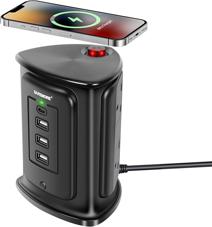 SAFEMORE Extension Lead Tower with 10W Wireless Charger 4 AC Outlets