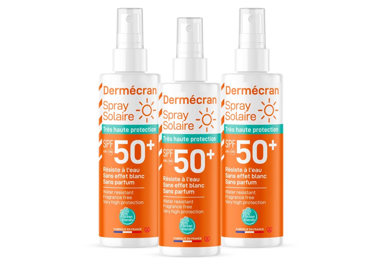 Set di 3 - Dermécran - Spray solare SPF50+ - Viso e corpo - Formula Ocean Friendly - Resistente all'acqua - Per tutta la famiglia dai 3 anni - Made in France - Spray da 200 ml