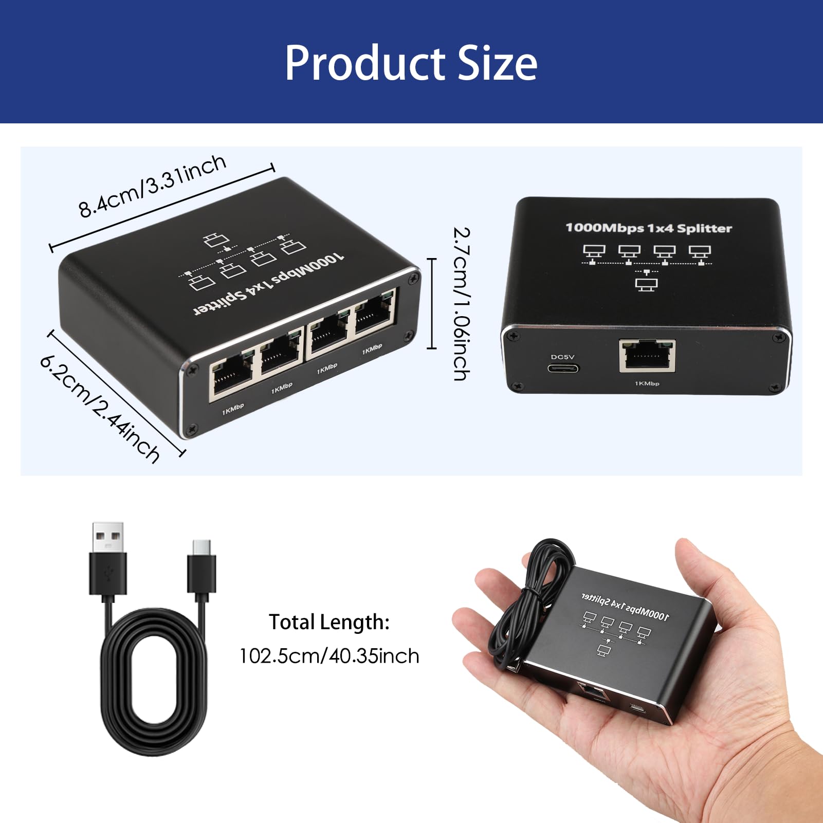 Switch Ethernet 1 a 4, 1000Mbps Gigabit RJ45 Splitter 4 Puertos, LAN Network Adapter con Alimentación USB C, Duplicador RJ45, Divisor Ethernet para Ordenador Hub Routers Conmutador Decodificadores