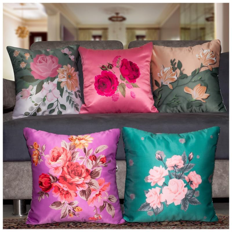 Image of Decorative Satin Sofa Cushion Covers Set of 5, 16 x 16 Inches, Multicolor Floral Printed Pillow Covers for Living Room, Bedroom, Couch & Sofa, Soft Glossy Fabric, Zipper Closure