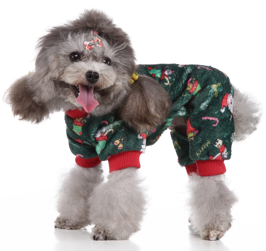 XIAOYU Santa Claus Snow Gift Box Pattern Christmas Pet Clothes Dog Warm Pajamas Cat Christmas Costumes Puppy Jumpsuits, Green, M - Image 3