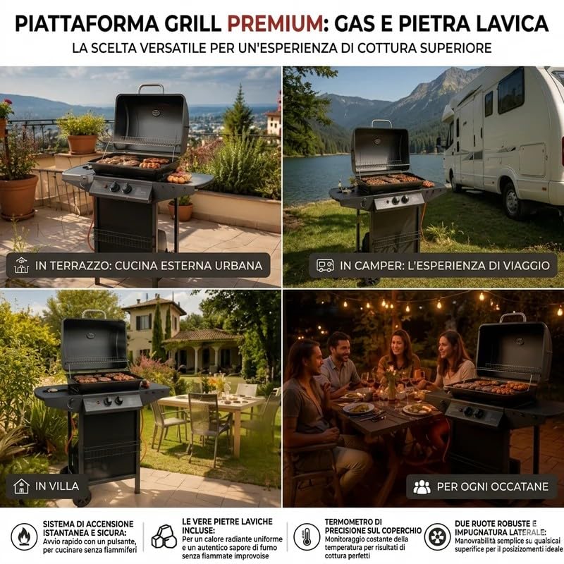 Barbecue a Gas GPL con Pietra Lavica, 2 Bruciatori 2,9 kW + Fornello Laterale 2,5 kW, Coperchio con Termometro e Finestra, Acciaio Inox, Ruote, Total Black, per Giardino e Terrazzo