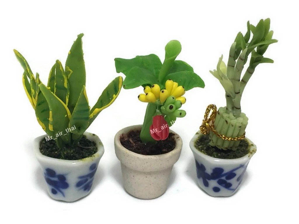 Mr_air_thai_Miniature Cactus and Flower 3pc Miniature Clay Dollhouse Fairy Garden Mini Plant Trees Ceramic Paint Furniture Bundles Artificial s Tiny Orchid #084