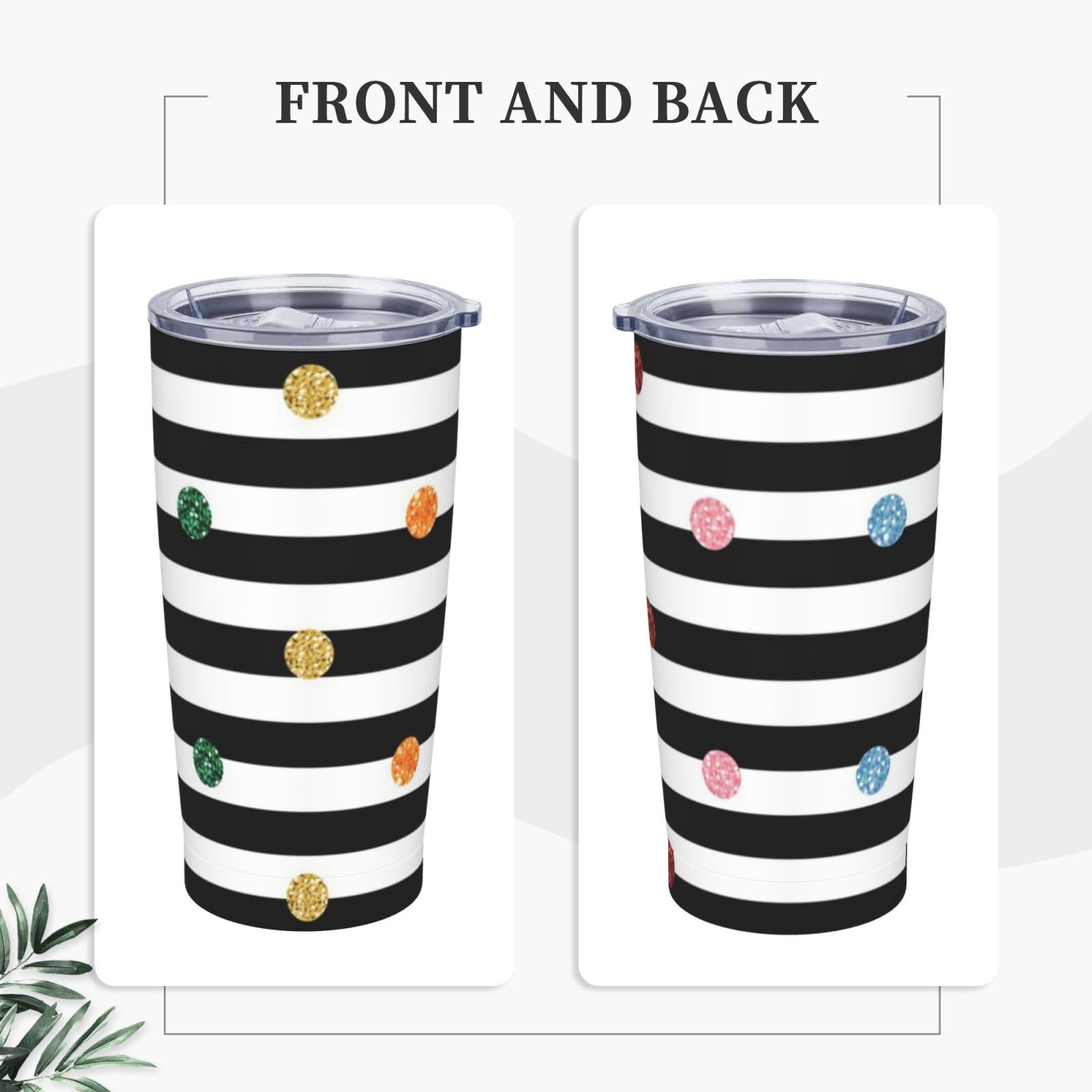 Tazza termica portatile in acciaio inox con stampa a pois arcobaleno glitterata in bianco e nero