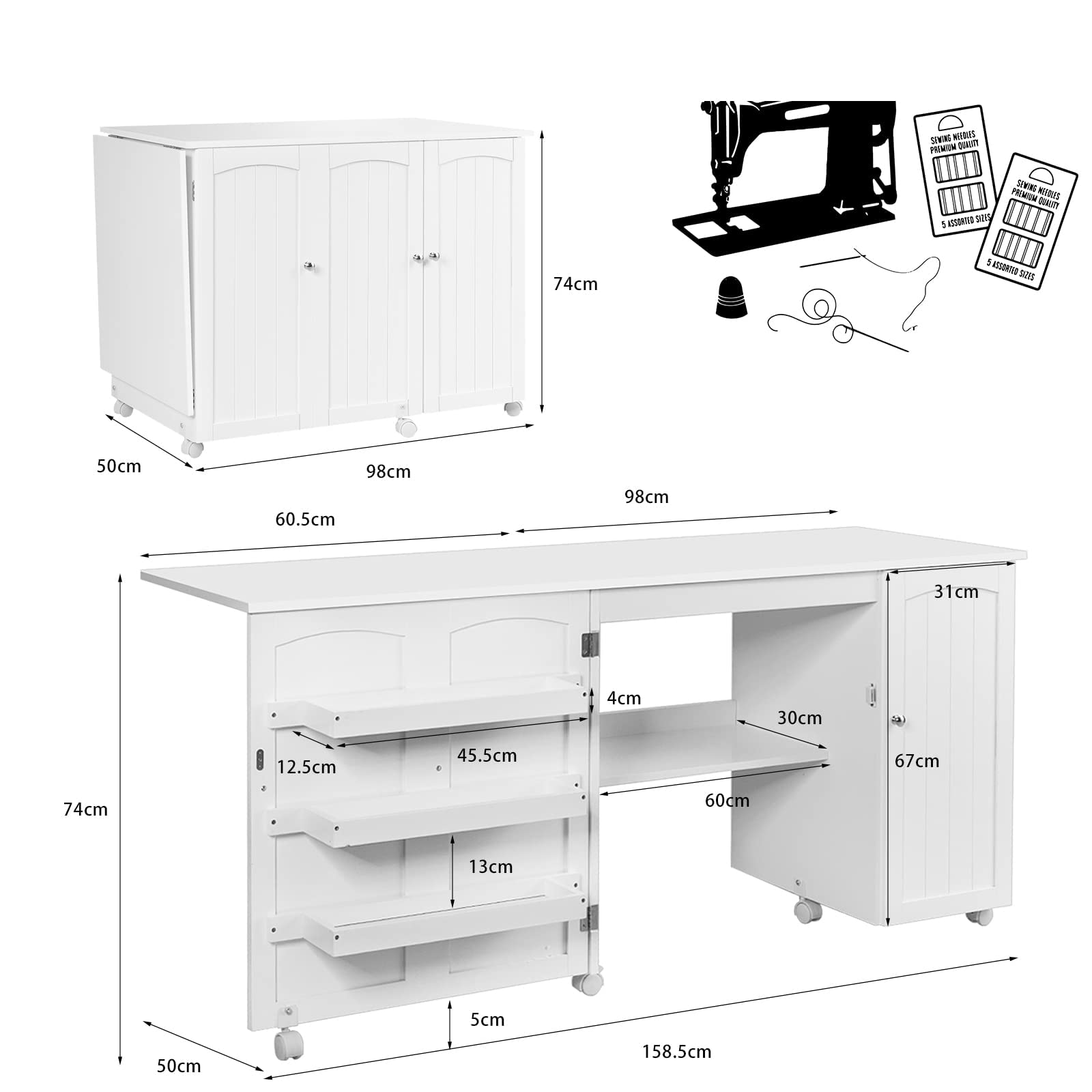 RELAX4LIFE Table de Machine à Coudre Pliable avec 4 Etagères et Armoire Latérale, Armoire à Machine à Coudre avec 6 roulettes et Freins, 158x50x74CM, Blanc/Naturel/Brun(L, Blanc)