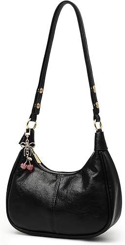 Crescent - Bolso de hombro para mujer, pequeño, retro, lindo bolso de mano para axilas, bolso cruzado de cuero vegano Negro