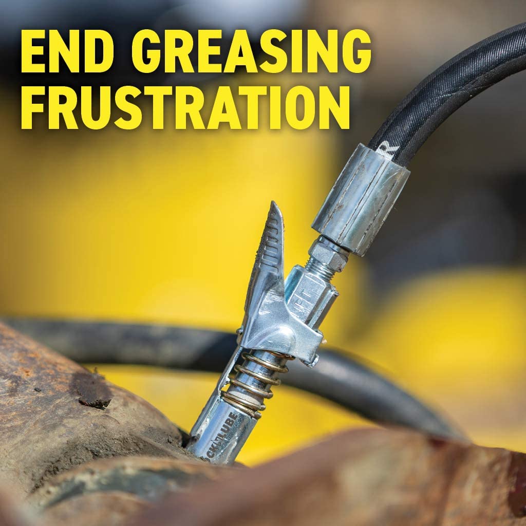 LockNLube Grease Coupler locks onto Zerk fittings. Grease goes in, not
