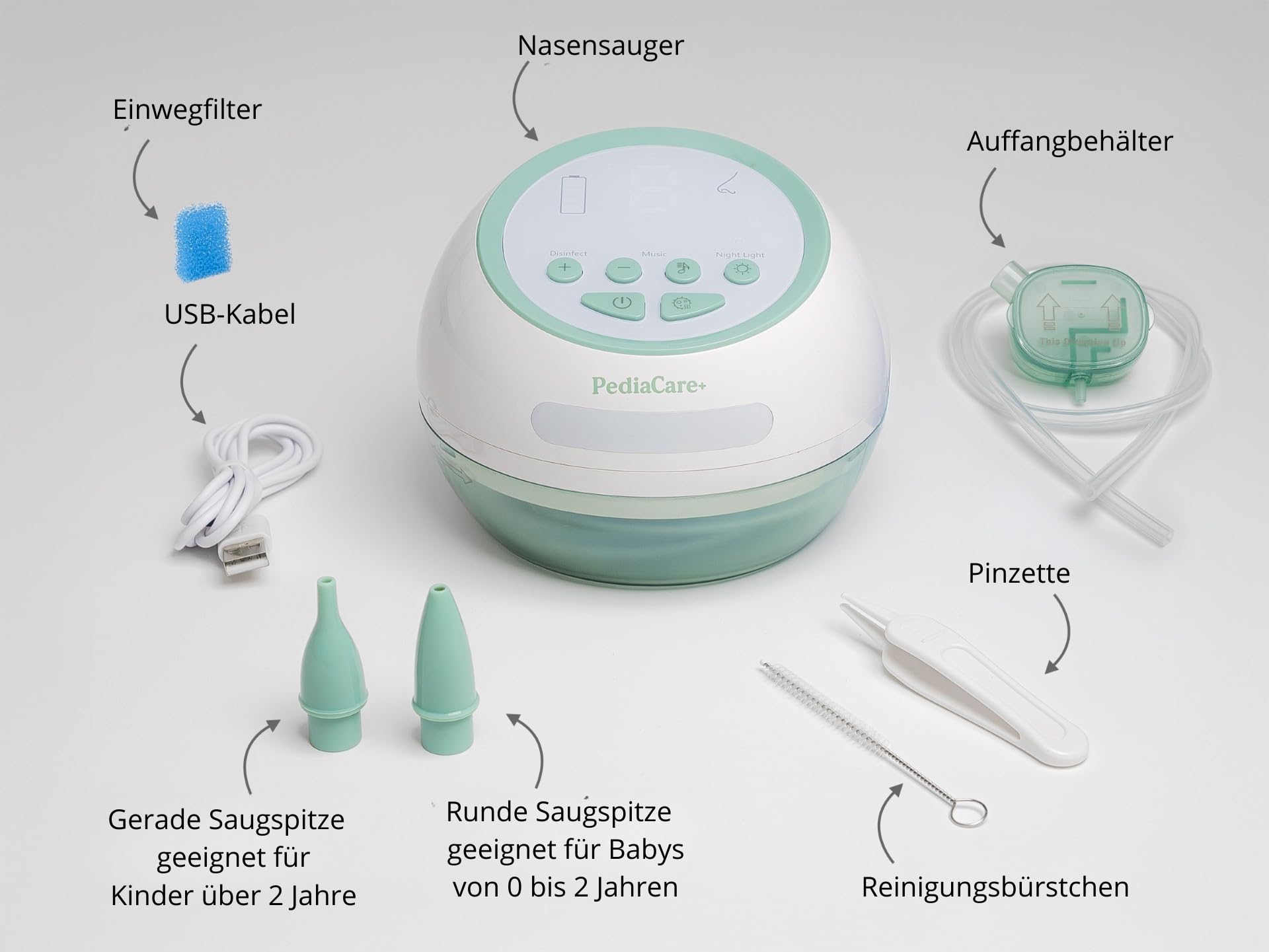 Pediacare+ Nasensauger Baby Elektrisch Starke Saugleistung, 6 Stufen, Silikonaufsätze, Musik & LED-Licht, Wiederaufladbar, Hygienisch, Für Neugeborene & Kleinkinder