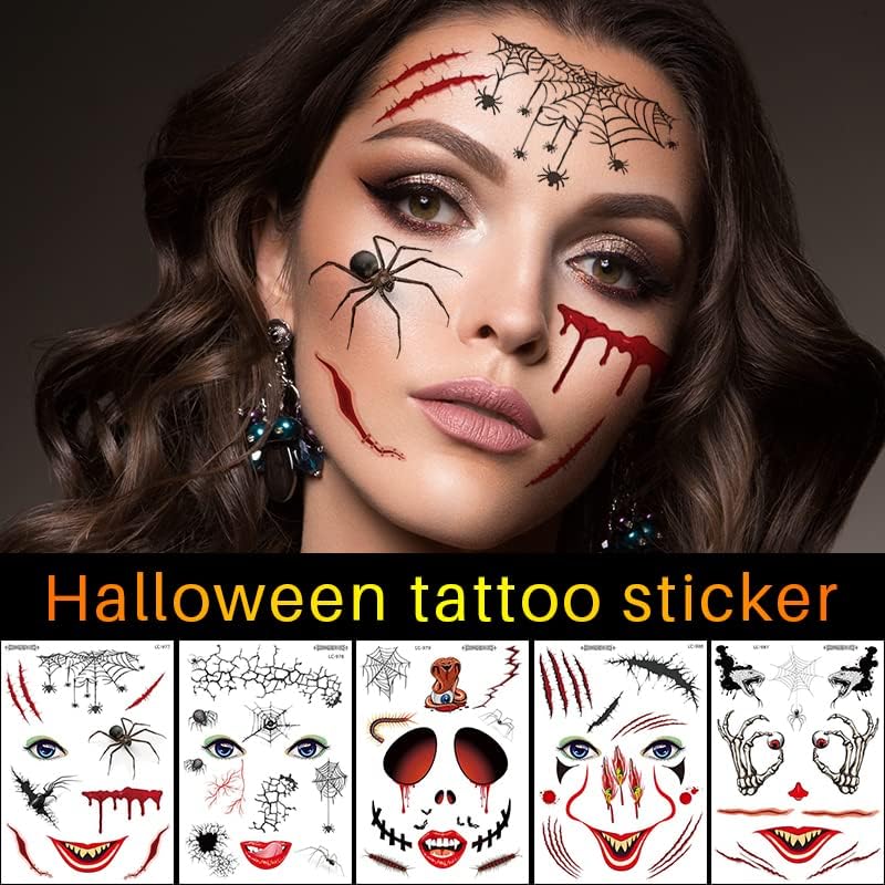 Halloween Temporary Tattoos, 5 Sheets Removable Halloween Face Masquerade Horror Stickers Tattoo Fake Spider Bat Spider Webs Tattoo Temporary Cosplay Party Decoration