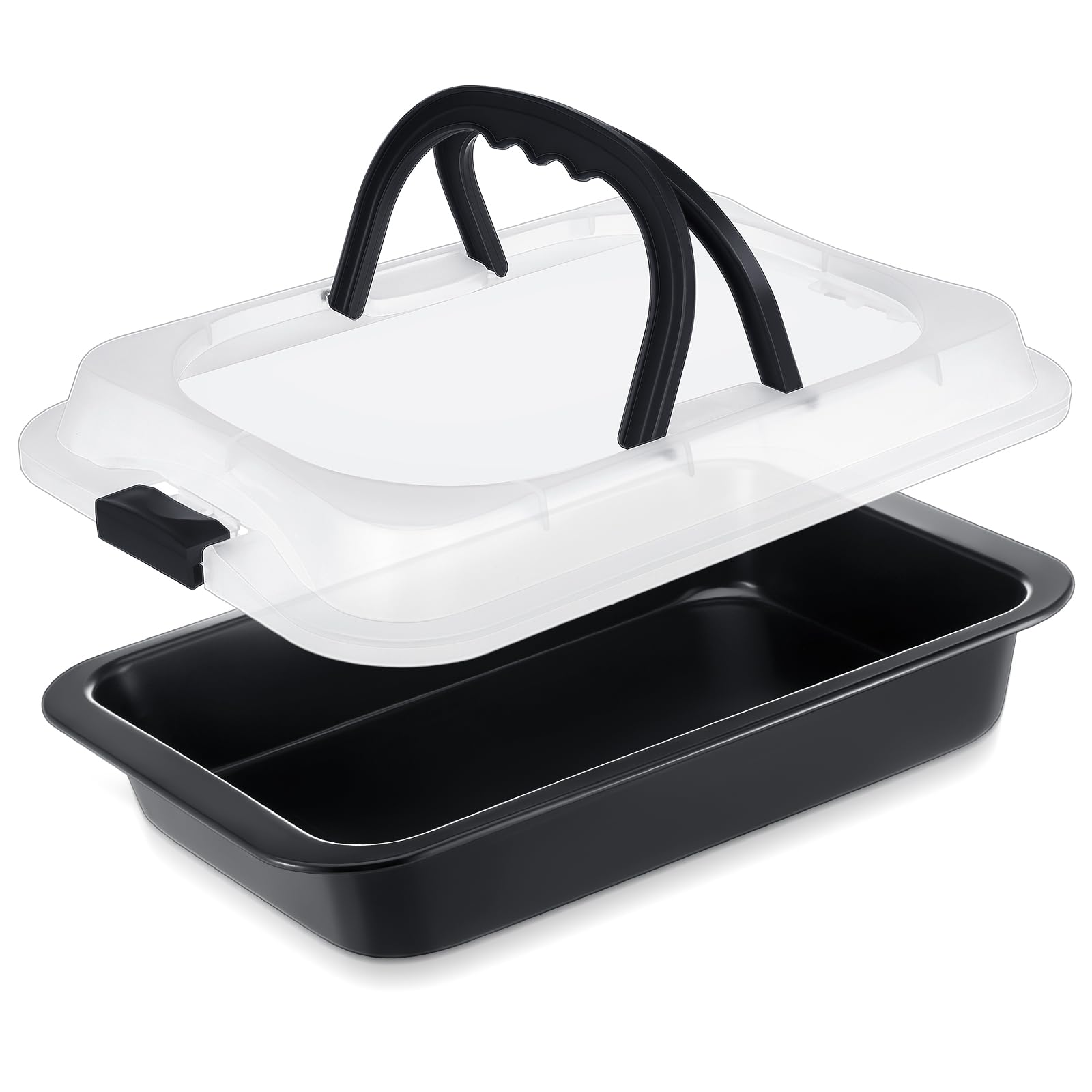 Qinyoung 1 Pcs Cake Baking Pan with Lid and Handle, 9 x 13 Inch Non-stick Rectangle Sheet Cake Pan Carrier for Brownie Roasting Cooking Baking (Black)