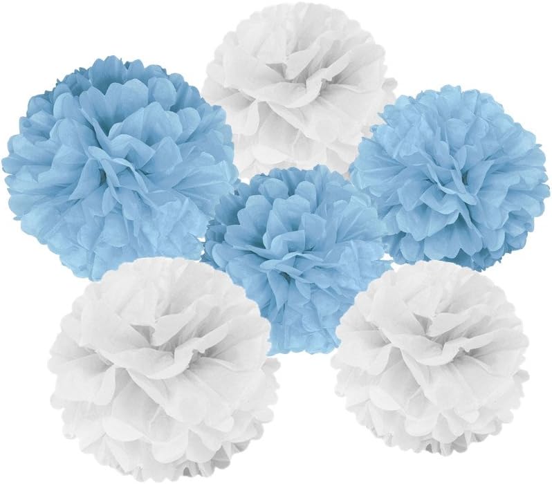Hanzen 6 Pcs Mixed 8" 10" Tiffany Blue White Tissue Paper Pom Poms Flower Balls for Birthday Wedding Party Baby Shower Outdoor Decorations