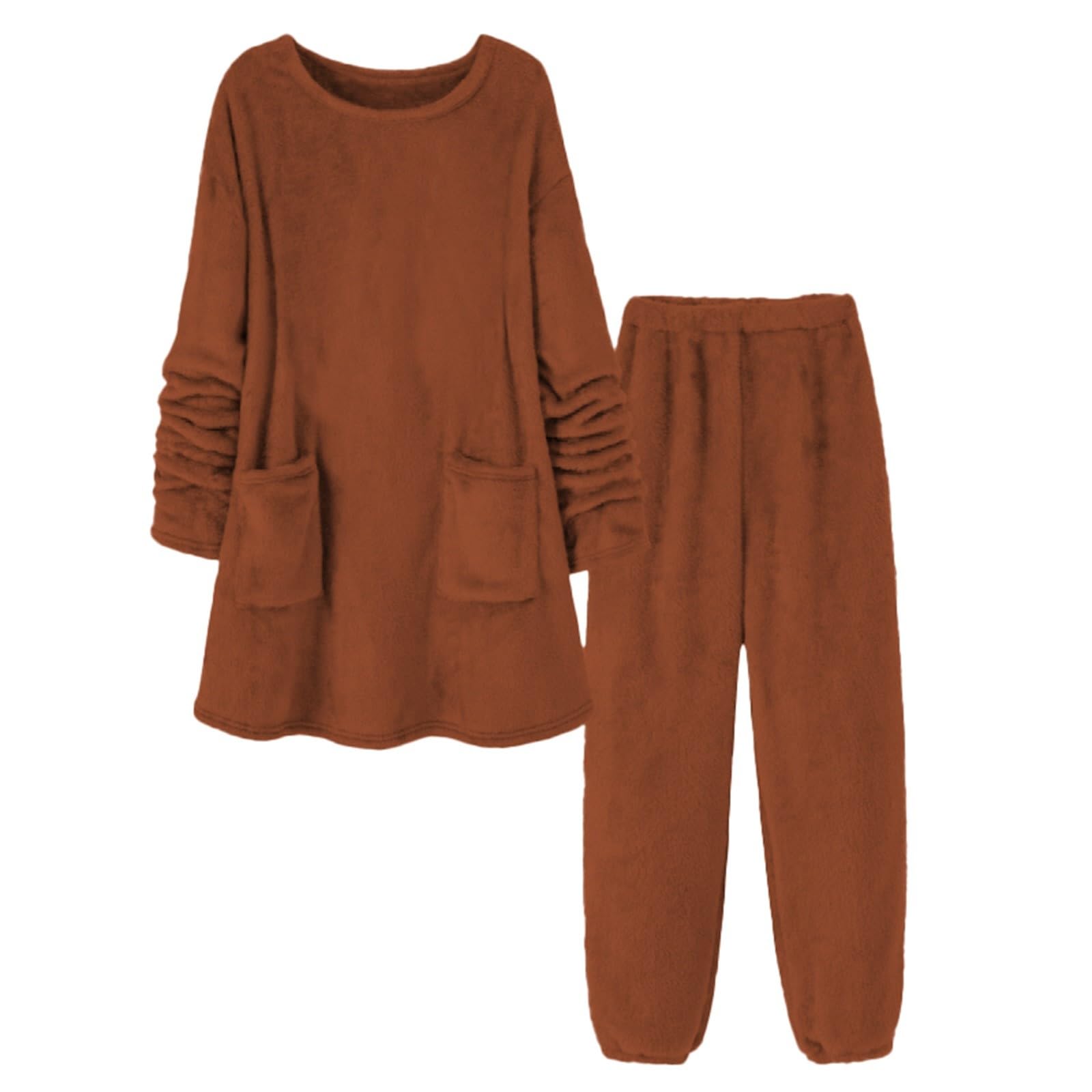 Conjunto de pijama de franela para mujer, ropa de descanso suave y mullida de dos piezas, manga larga suave y esponjosa, cuello redondo, pantalones de dormir de longitud completa, ropa de ocio térmica