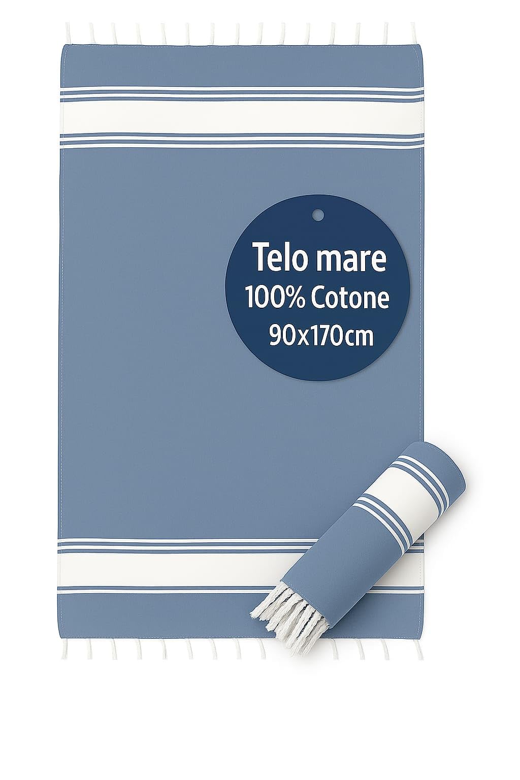 Telo Mare Grande 90x170cm 100% Cotone – Asciugamano da Spiaggia con Frange – Antisabbia, Leggero, Assorbente e Compatto – Fouta per Hammam, Sauna, Viaggio, Piscina, Yoga, Campeggio, (Blu)
