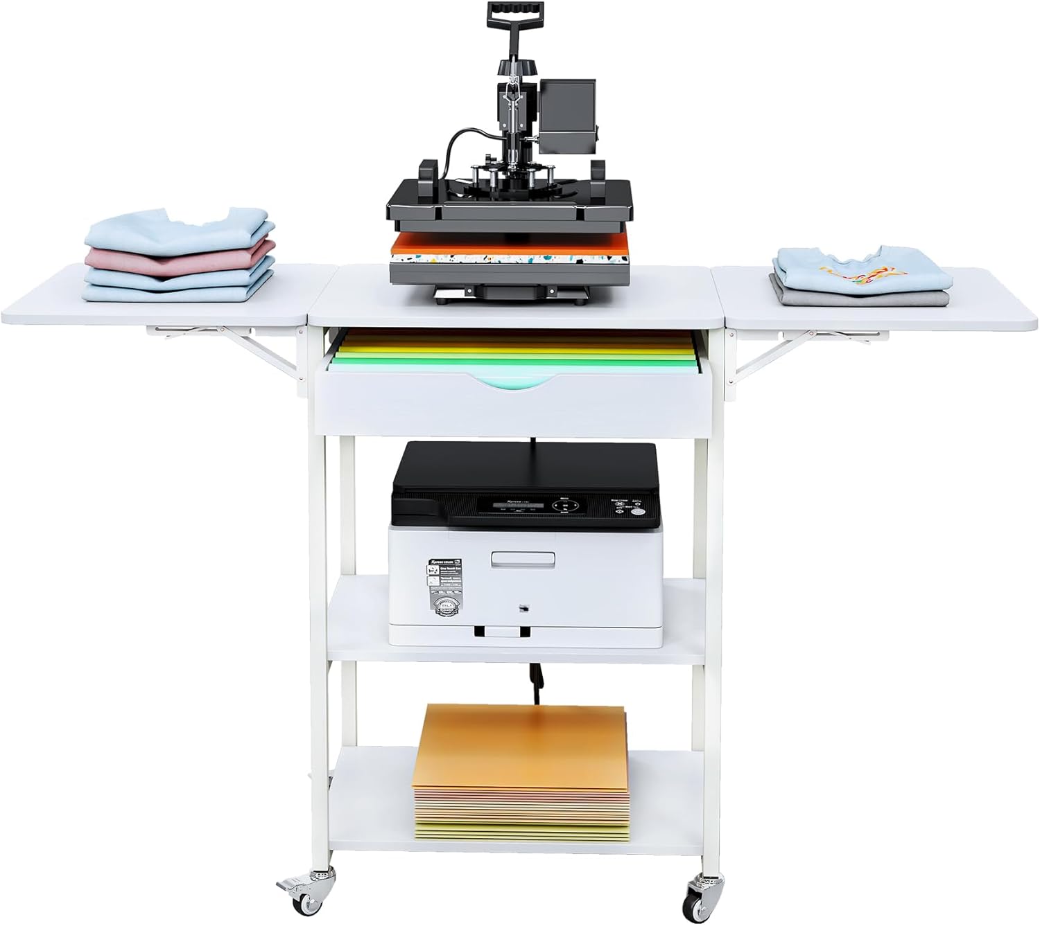 TC-HOMENY Movable 3 Tier Heat Press Table, Foldable Heat Transfer Machine Stand with Vinyl Roll Holder, Heat Press Table Cart Stand with Charging Station for DIY Sublimation Transfer Machine (White)