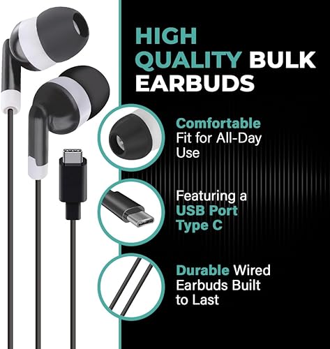 Miniatura 3 de JustJamz Paquete de 150 auriculares para el aula, 100 auriculares USB-C + 50 de 0.138 in a granel, auriculares con cable solo para escucha para
