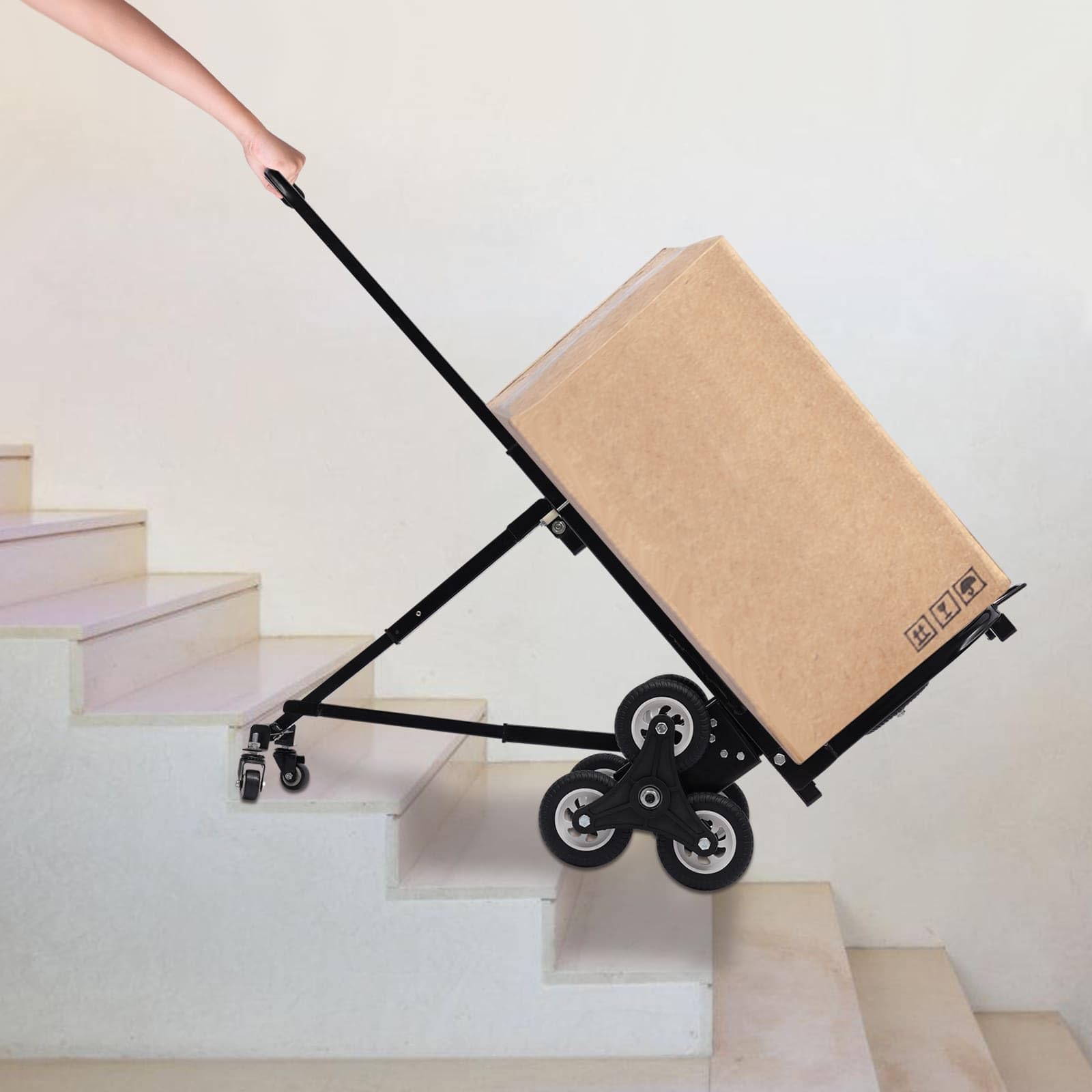 Wózek schodowy, składany wózek transportowy, wózek transportowy ze stali, podłokietnik z regulacją wysokości, 150 kg, wózek schodowy z 10 kółkami, czarny