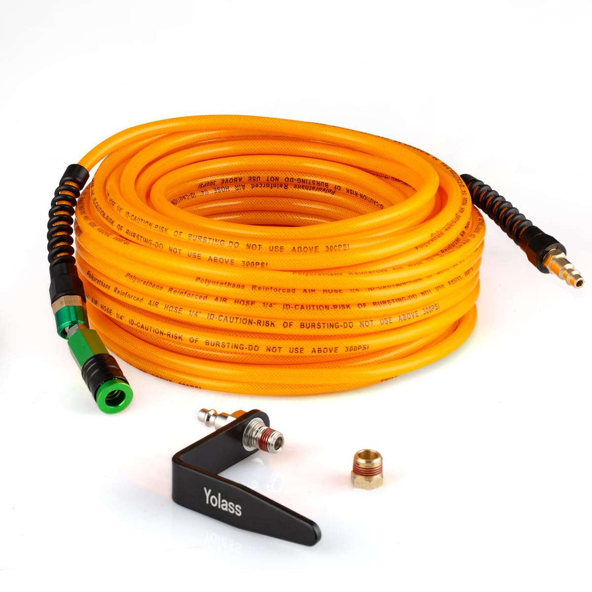 Yolass Air Compressor Hose 1/4”x100 ft Yellow Transparent Flexible Reinforced Polyurethane (pu) Air Hose with 1/4"360 Swivel Coupler and Air Hook,Bend