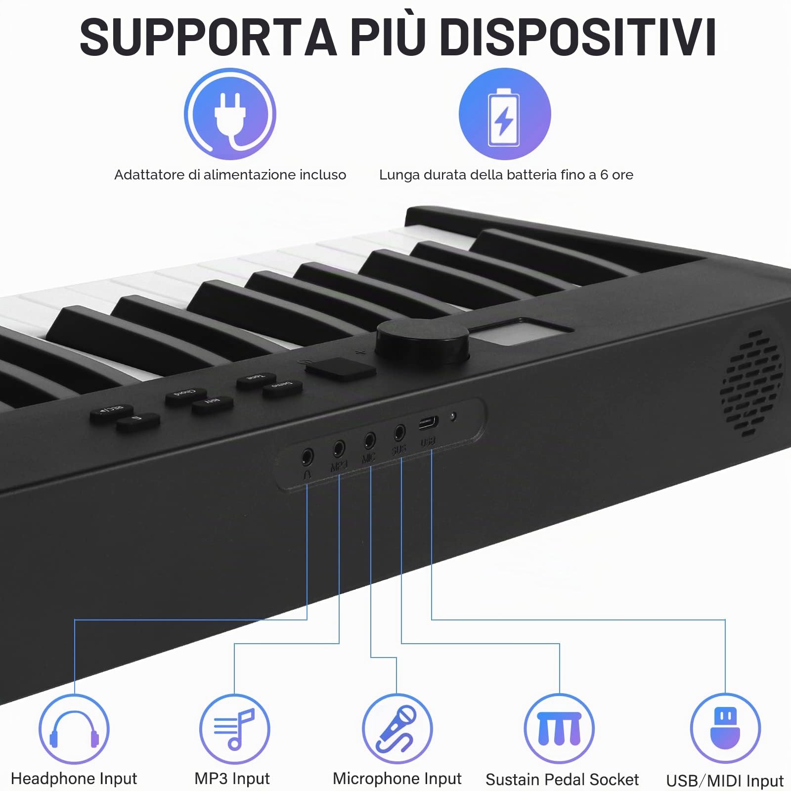 Kmise Tastiera pieghevole per pianoforte, tastiera elettrica, 88 tasti, semi-ponderata, digitale, pieghevole, con pedale Bluetooth MIDI Sustain, porta spartiti, borsa per il trasporto