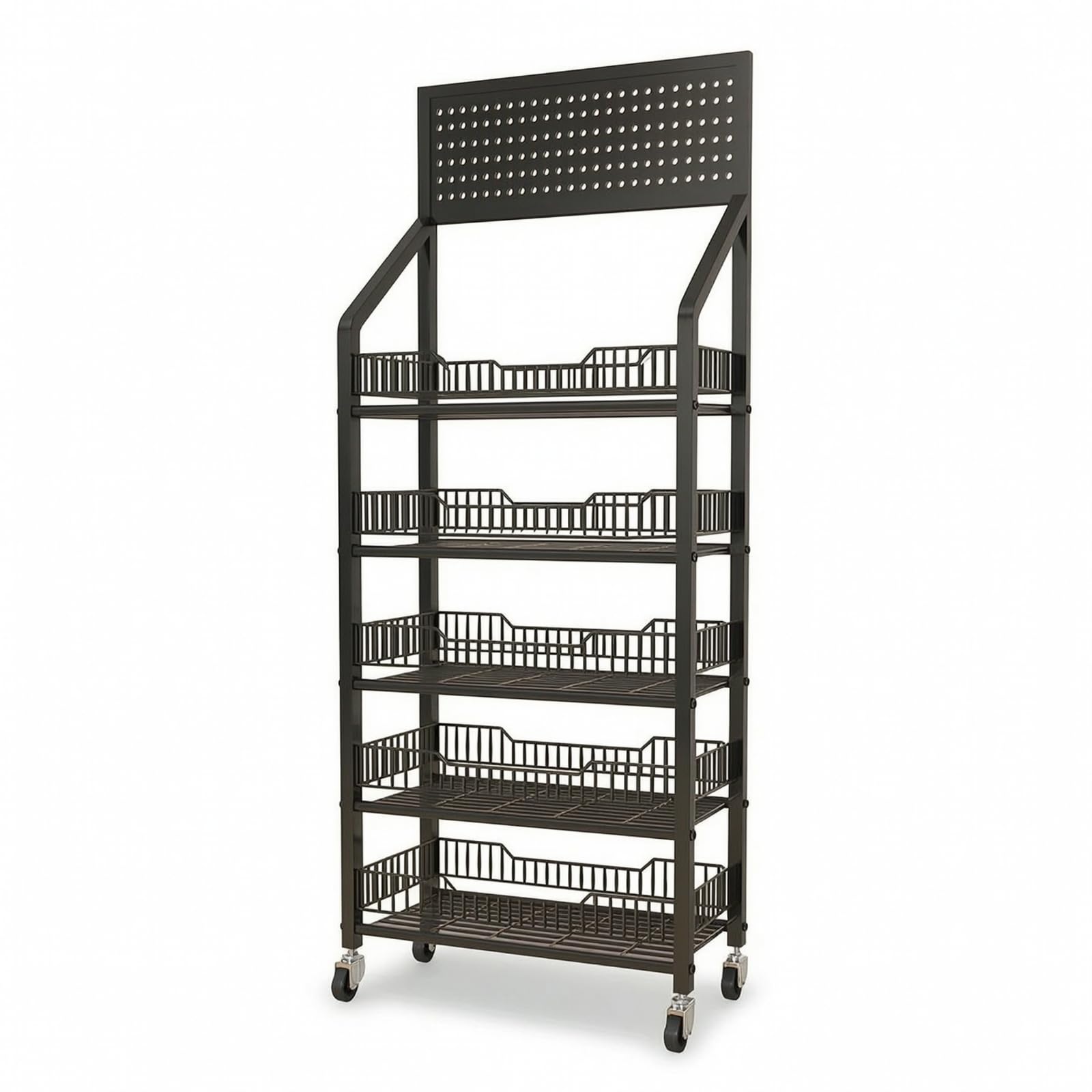 Gralara Estantería Metálica 5 Niveles Gran Capacidad Organizador Snacks con Ganchos Uso Profesional Metálico para Vendores, Tenros, Supermercados, Negro, 60cm