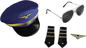 Aviator Sunglasses Wings Badge Pilot Costume Kit With Captain Hat For Men Halloween Dress Up Party