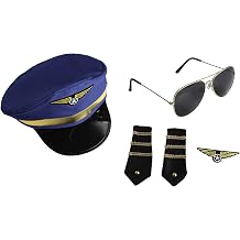 Aviator Sunglasses Wings Badge Pilot Costume Kit With Captain Hat For Men Halloween Dress Up Party