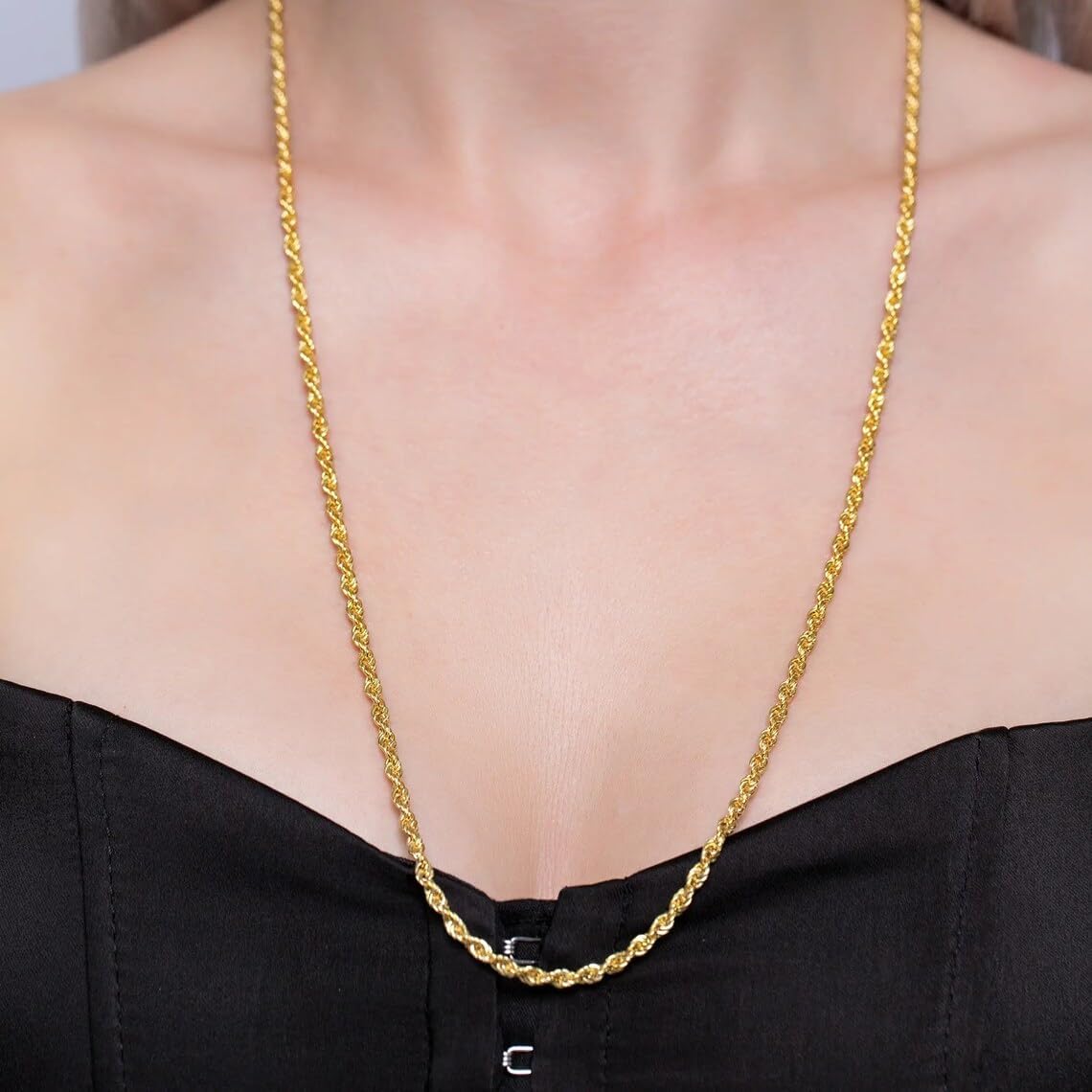 Waterproof Gold Plated Rope Chain Necklace for Women and Men - 14k Gold Plated Steinless Steel Necklace