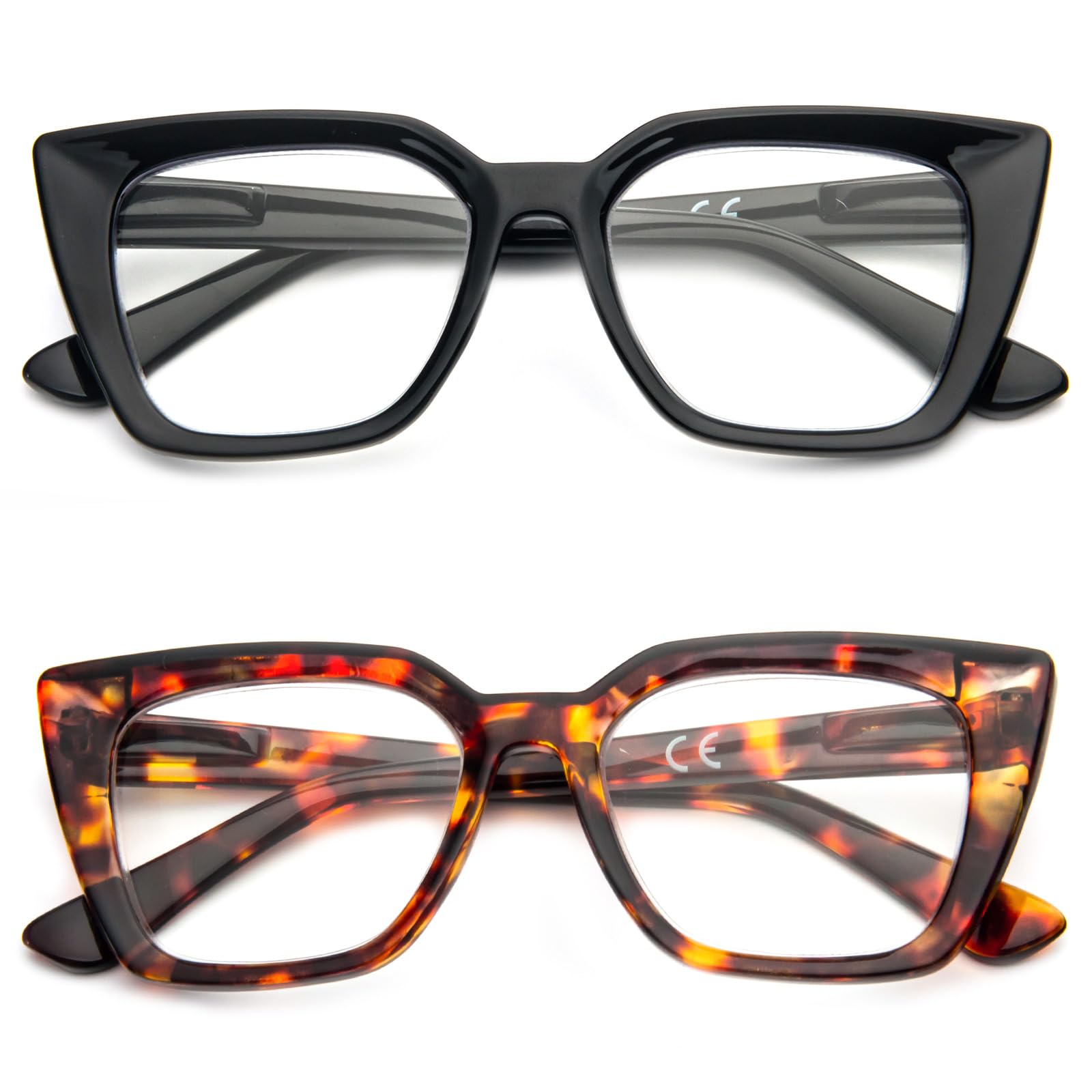 Kodilin 2 Pack Occhiali da lettura donna Oversized Square Anti Luce Blue Computer Lettori Uomo con cerniera a molla (+2.0, nero e leopardo)