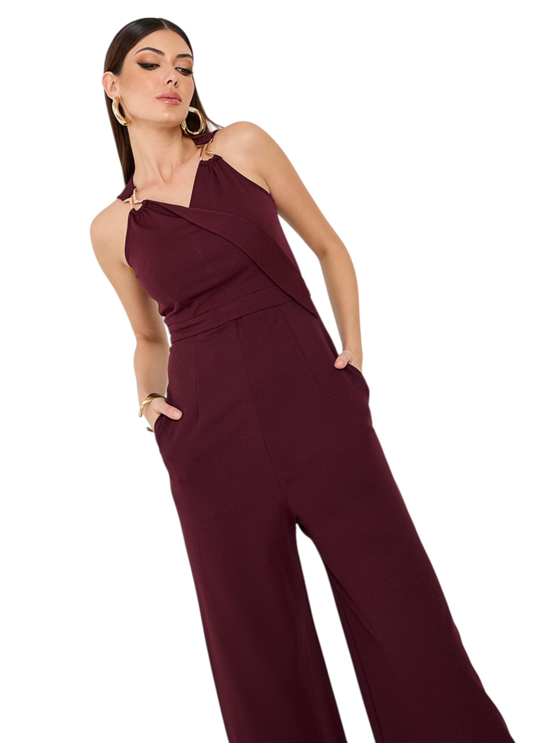 miss chase Women's Wine V-Neck Sleeveless Solid Wrap Regular Jumpsuit-picture-29