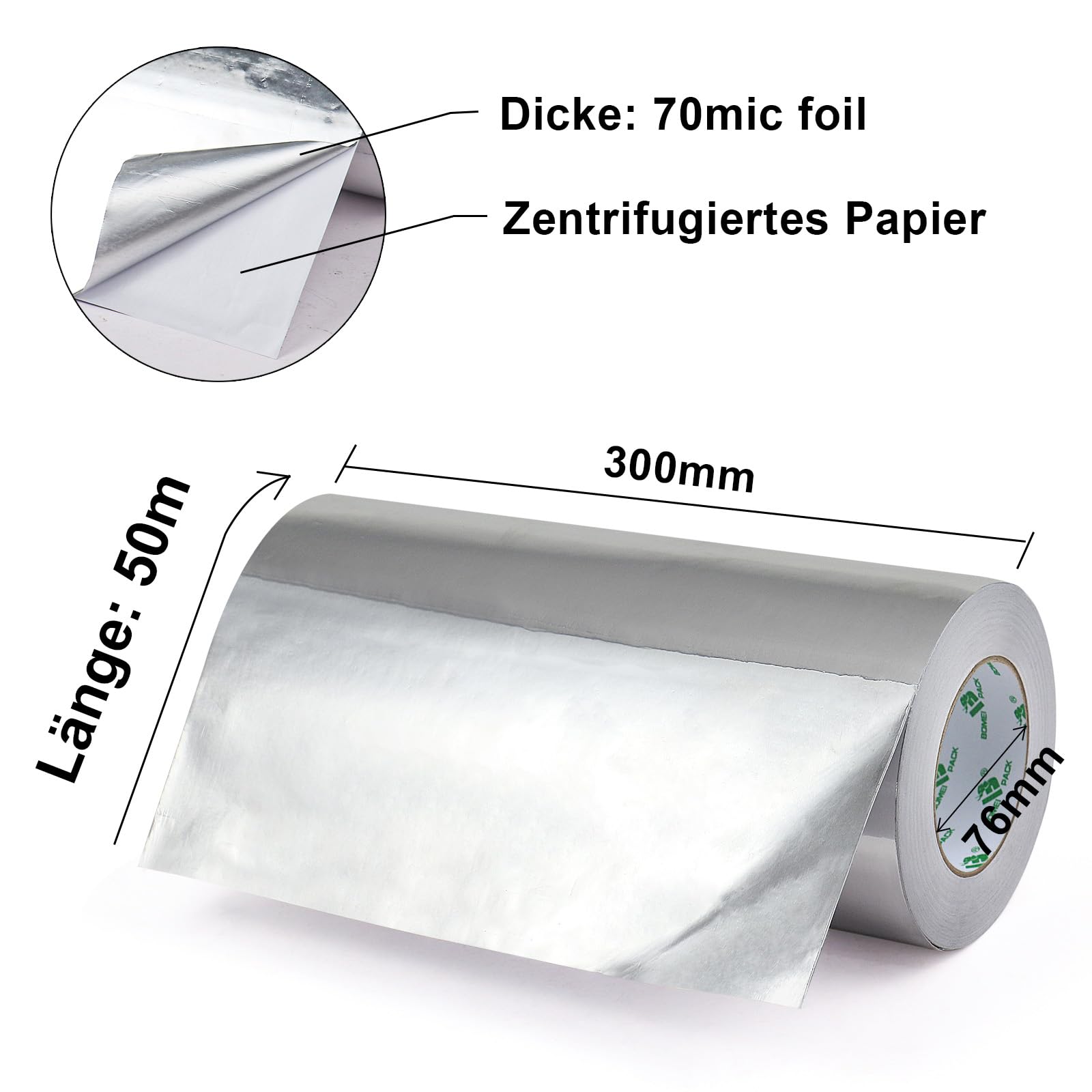 BOMEI PACK Aluminium Klebeban 300mm x 50 m, selbstklebendes Alu-Klebeband-Aluband, Wasserdichtes- und hitzebeständiges Band zum Versiegeln, Reparieren und Isolieren
