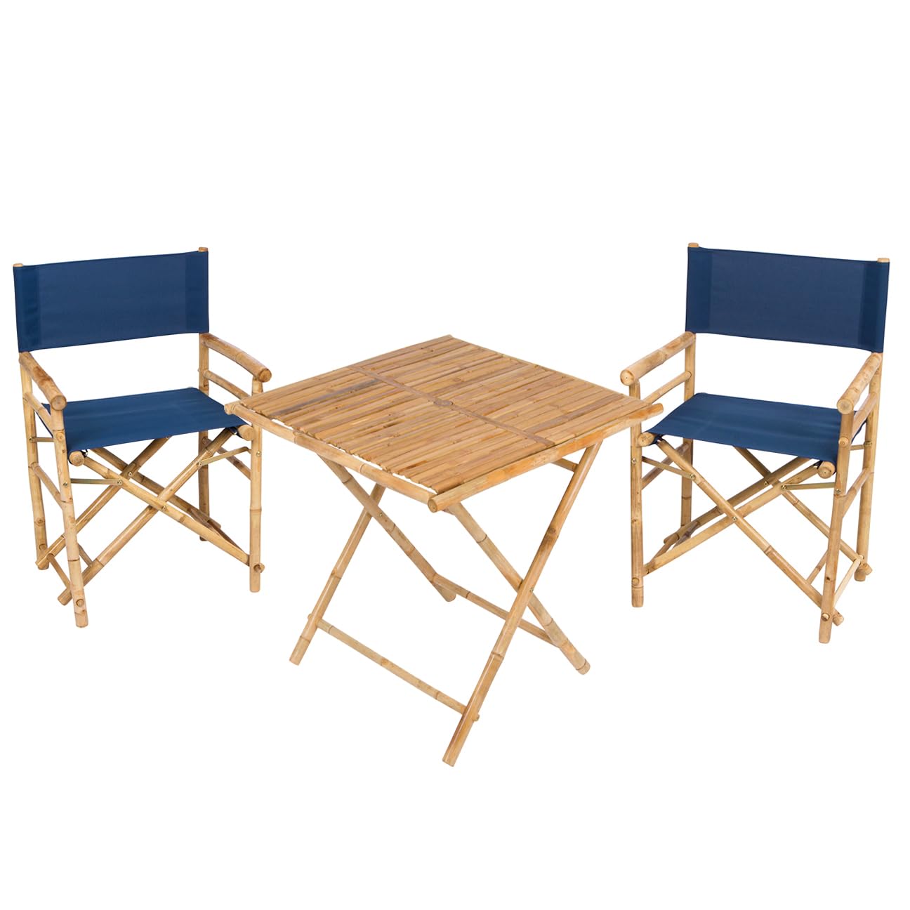 Bamboo Bistro Set of Handcrafted Square Director Umbrella Hole V2023 Set of 1 Table and 2 Chairs, Navy Canvas