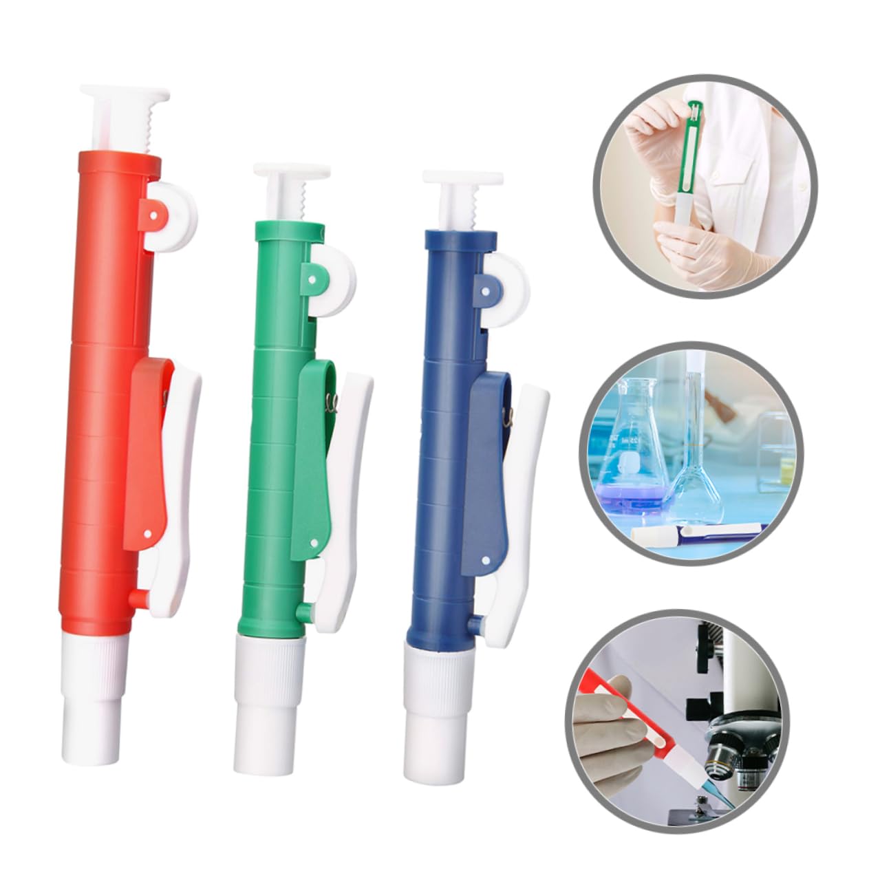 Set de 3 Bombas para Pipetas de Plástico Control de Precisión, Capacidad 2ml, 10ml y 25ml, para Aplicaciones y Tareas de Laboratorio