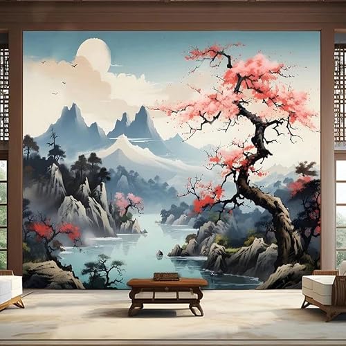 Lbhswwx Mint Green And Gold Chinese Landscape Wall Mural, Silk Cloth, Cherry Blossom Mountain River Scene, Living Room Background Wallpaper (（W） 320×（H） 210Cm)