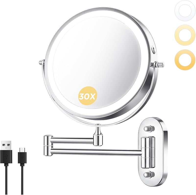 Espelho de maquiagem de parede tubbede, 20,32 cm, 1X/30X, bateria recarregável de 4000 mAh