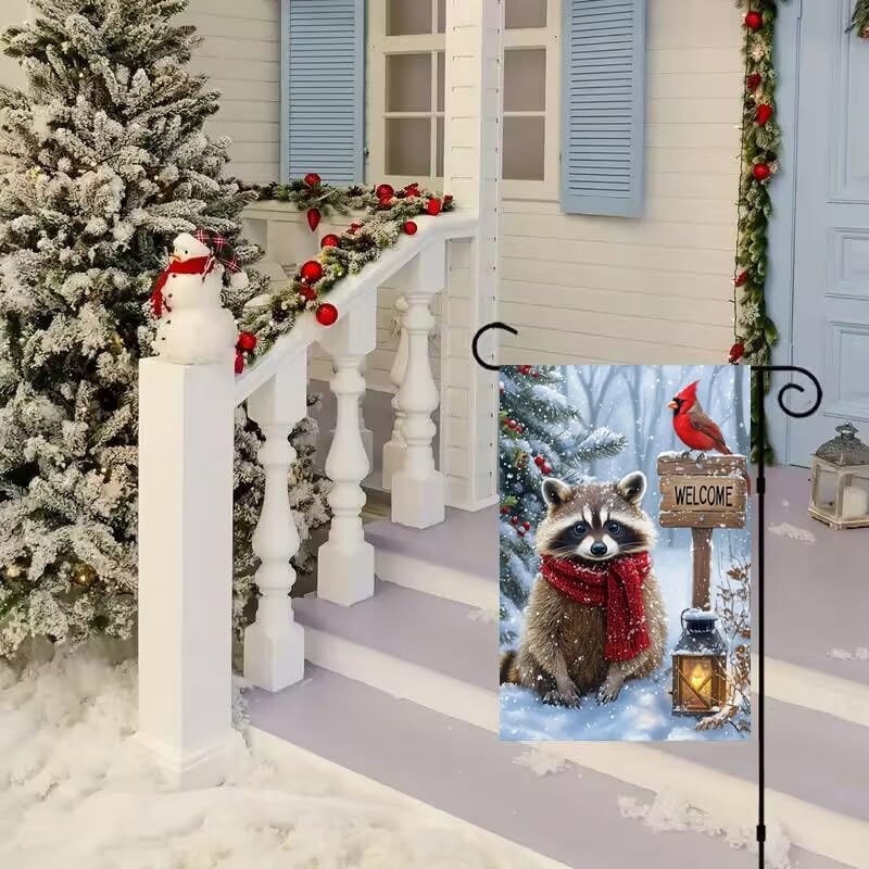 Welcome Winter Garden Flag 12x18 Inch Double Sided, Burlap Holiday Farmhouse Outdoor Raccoon Christmas Garden Flag Winter Decorations, Small Decorative Yard Lawn Flags for Outside - Image 7