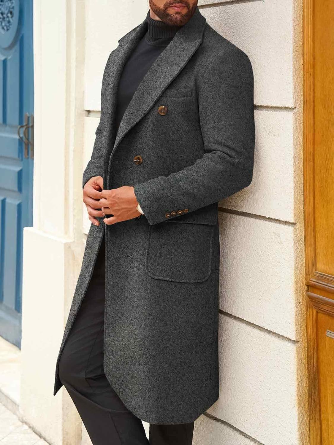 Runcati Mens Wool Blend Casual Trench Coat Notched Collar Lapel Long Jacket Double Breasted Classic Winter Overcoat - Image 2