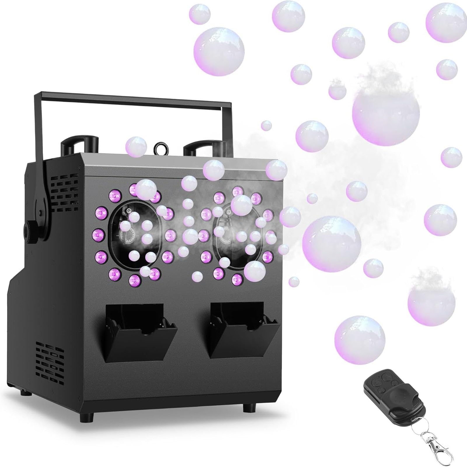 Maszyna do baniek z łącznością DMX512, zintegrowane efekty przeciwmgielne, moc 1200 W, podwójne porty, oświetlenie RGB, szybkie nagrzewanie, szeroki zasięg na imprezy i imprezy