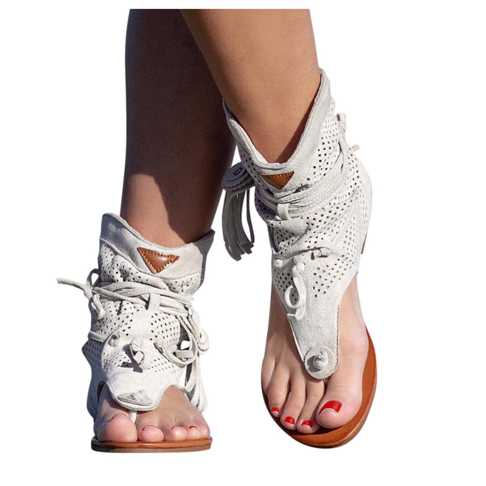 Sandales Femme Plates Tongs Roman Lacets Franges Bohême Chaussure Femme Été Bout Ouvert Flat Flip Flops De Plage Décontracté Mode Indiennes Elégante Confortable Rétro Pantoufles Clip Toe