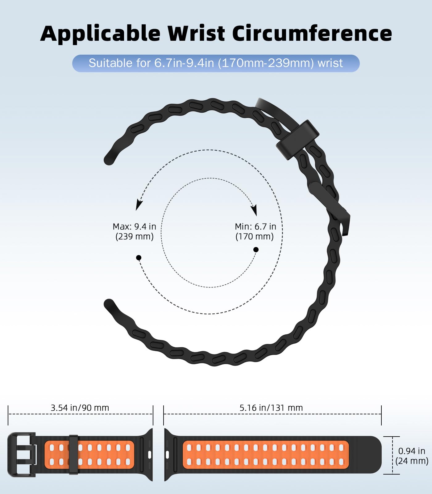 Breathable Ocean Strap Compatible with Apple Watch Ultra 2/Ultra 49mm,Series 10 46mm,9/8/7 45mm,SE2/SE/6/5/4 44mm,3/2/1 42mm, Silicone Watch Band Sport Strap for Men Women, Black/Orange