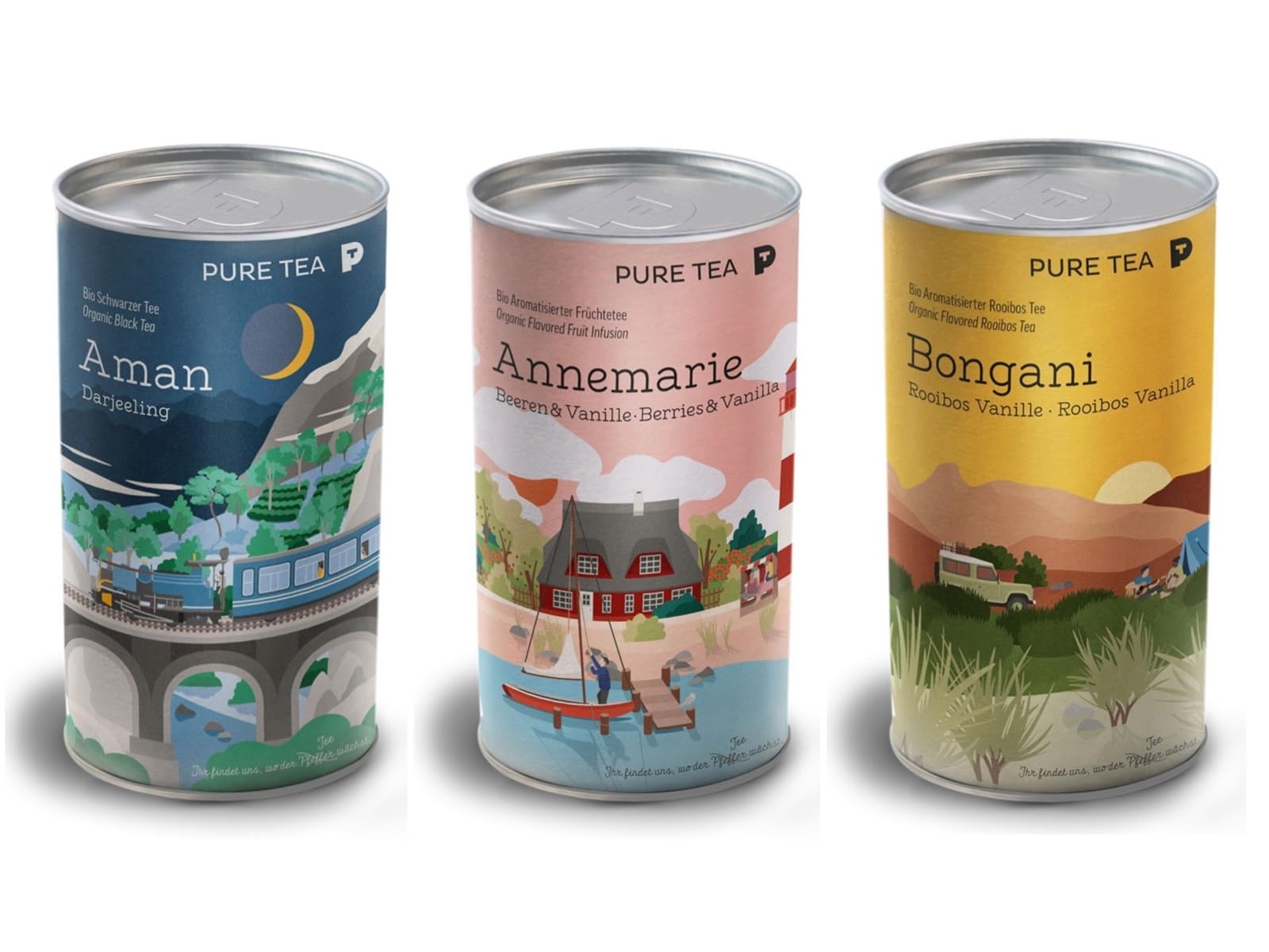 3 x Pure Tea AMAN, ANNEMARIE und Bongani, leckeres Tee Set, Darjeeling, Beeren & Vanille, Rooibos Vanille, 3 Dosen Geschenkset