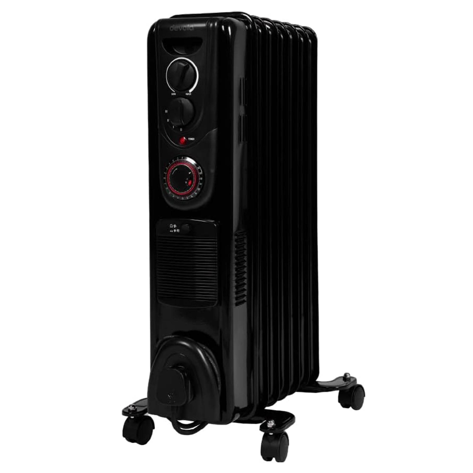 Devola 2000W Oil Filled Radiator 7 Fin, Low Energy Electric Heater with Thermal Fuse for Overheat Cut Off, Adjustable Heating Dial, Turbo Heating Option via PTC Fan, 24 Hour Timer - DVSOR7F20B (Black)